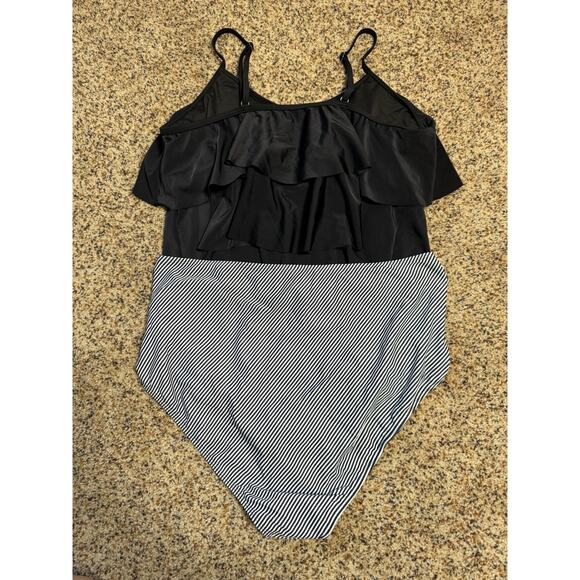 Tankini Swimsuit‎ Ruffled Tank Tummy Control Black Striped Modest Swimwear XXXL - Picture 3 of 8